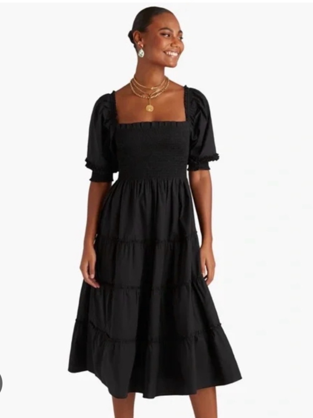 Hill House Black Smocked Tiered Midi Dress with Puff Sleeves